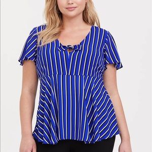 Torrid‎ Womens Plus Size 1X Blue White Stripe Georgette Bow Short Sleeve Blouse